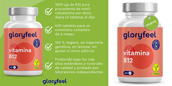 Chollo Bote de Vitamina B12 Metilcobalamina 1000mcg Gloryfeel de 400 comprimidos por solo 11,96€ (-20%)