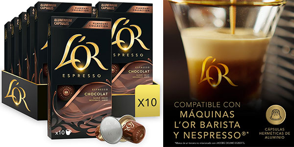 Chollo Pack x 100 Cápsulas de café L’Or Espresso Chocolat para Nespresso por sólo 34,32€ (-20%) ¡0,34€ la unidad!