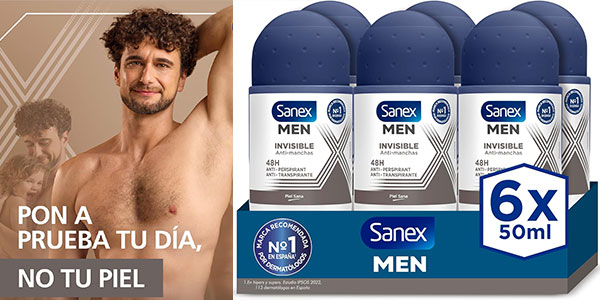 Chollo Pack x6 Desodorante roll-on Sanex Men Invisible de 50 ml para hombre por sólo 9€ con cupón ¡1,50€ cada uno!