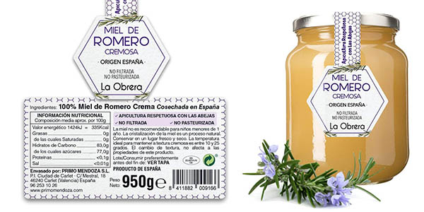 Chollo Miel pura de romero en crema La Obrera de 950 gramos por solo 13,65€ (-19%)