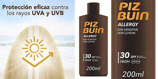 Chollo Loción solar corporal Piz Buin Allergy SPF 30+ de 200 ml por sólo 5,90€ (-61%) ¡Valoraciones top!