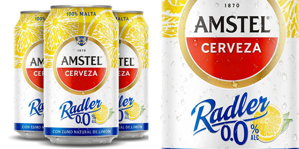 Chollo Pack x24 Latas de Cerveza Amstel Radler 0,0 de 330 ml por sólo 11,98€ con cupón (-34%) ¡Sólo 0,50€ cada una!