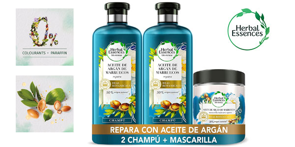 Chollo Pack 2 Champús 400 ml + Mascarilla 250 ml Herbal Essences aceite de argán por sólo 11,77€ (25% de descuento)