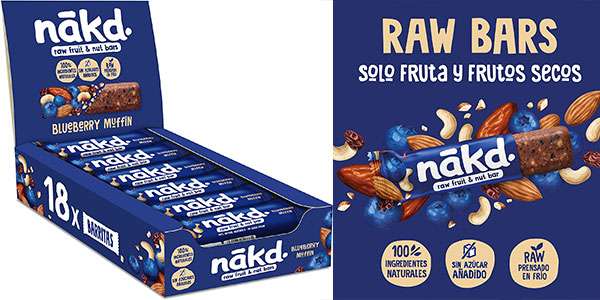 Chollazo Pack de 36 barritas Nākd de arándanos por sólo 13,91€ con 2×1 (-50%) ¡Sólo 0,39€ cada una!