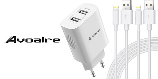 Chollo Cargador USB Avoalre de 12 W con 2 puertos + 2x cables Lightning MFi por sólo 7,19€ (-50%)