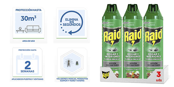 Chollo Pack x3 Insecticida Raid Hogar e Interiores Flores Frescas por sólo 8,97€ (-25%) ¡A 2,99€ cada uno!