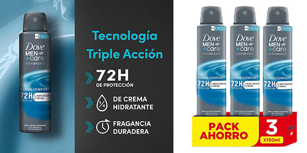 Chollo Pack x3 desodorantes Dove Men Care Clean Confort de 150 ml por sólo 8,24€ (21% de descuento))