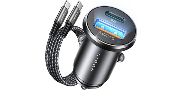 Chollo Cargador de coche LISEN USB + USB-C de 12V con cable USB-C por sólo 8,92€ con cupón descuento (-40%)