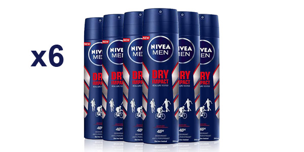 Chollo Pack x6 Desodorante antitranspirante Nivea Men Dry Impact de 200 ml por sólo 12,35€ con cupón (-30%)