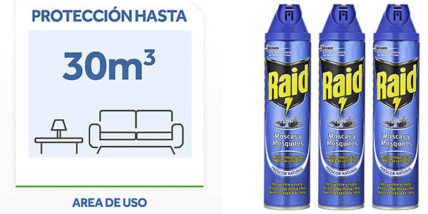 Chollo Pack x3 Insecticida Raid Spray Frescor Natural Moscas y Mosquitos por sólo 10,24€ (-28%) ¡A 3,41€ cada bote!