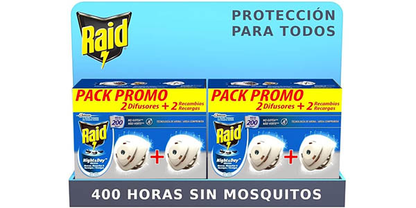 400 horas sin zumbidos de mosquitos en las orejas con este pack Raid Night & Day de 4 difusores y 4 recambios por sólo 12,15€ (-25%)