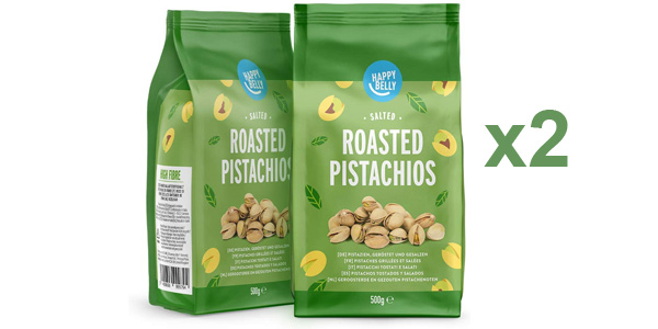 Chollo Pack x2 Paquetes de 500 g pistachos tostados y salados Amazon Happy Belly por sólo 22,58€ (-28%)