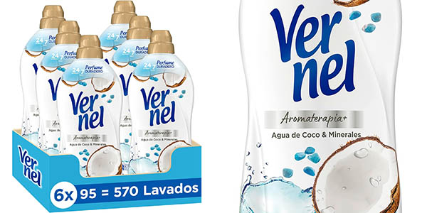 Chollo Pack x6 Suavizante Vernel Aromaterapia Agua de Coco y Minerales (570 lavados en total) por sólo 23,94€ ¡Sólo 0,04€ el lavado!