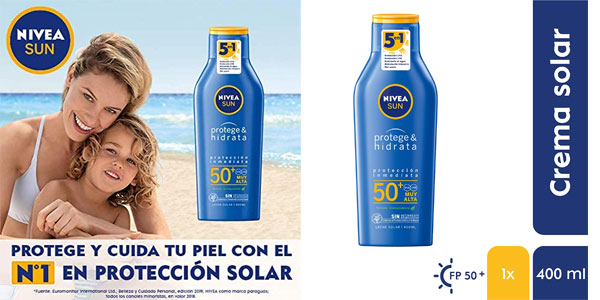 Chollo Pack x2 Leche Solar Nivea Sun Protege & Hidrata FP50+ de 400 ml por sólo 19,17€ con -50% en 2ª unidad ¡9,58€ cada una!