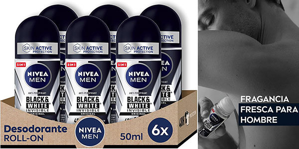 Chollo Pack x6 Desodorante antimanchas Nivea Men Black & White Invisible para hombre por sólo 10,57€ (1,76€ cada uno)