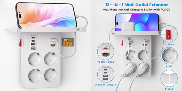 Chollo Regleta de pared con repisa, 4 enchufes y 6 USB por sólo 21,67€ con cupón descuento (-30%)