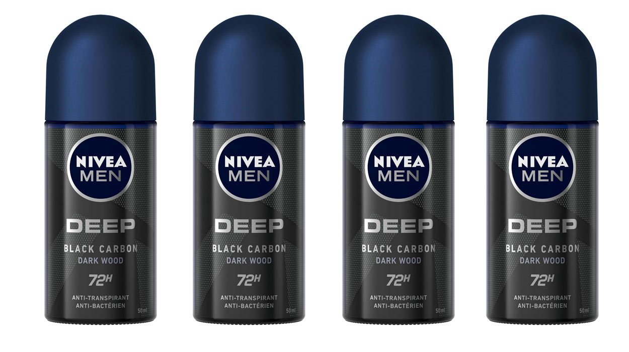 Chollo Pack x4 Desodorantes Nivea MEN Deep Black Carbon Dark Wood Roll-On para hombre por sólo 6,05€ (-56%)