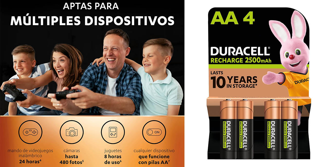 Chollazo Pack x4 pilas recargables Duracell Recharge AA o AAA precargadas por sólo 10,99€ (-42%)