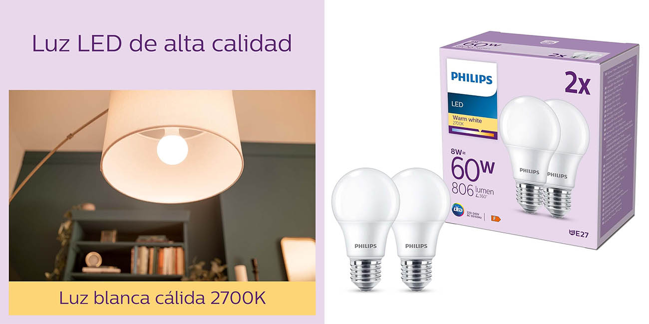 Chollo pack de 2 bombillas LED Philips E27 luz blanca cálida de 8W (equivalente a 60W) por sólo 4,49€ (2,25€ cada una)