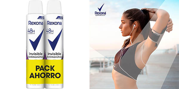 Chollo Pack x2 botes Desodorante Rexona Invisible Antimanchas para mujer por sólo 3,44€ con cupón descuento (-33%) ¡A 1,72€ la unidad!