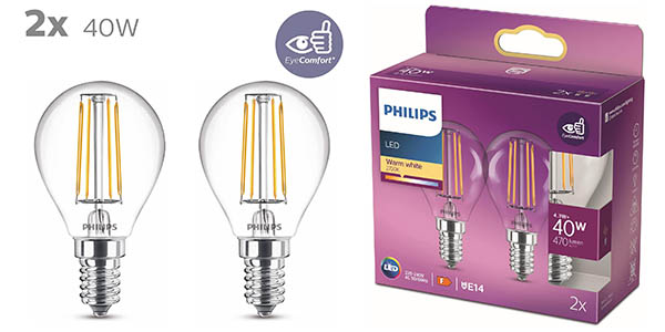 Chollazo Pack x2 Bombillas LED Philips E14 de 4,3W equivalentes a 40W por sólo 4,99€ (-30%)