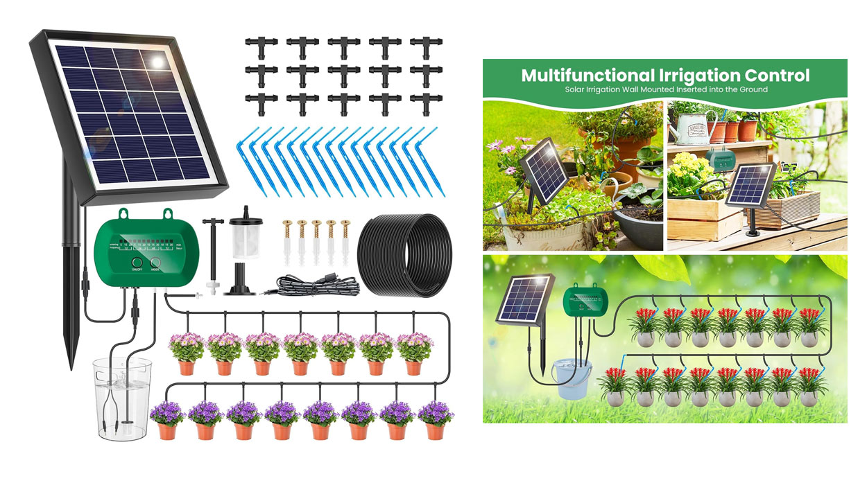 Chollo Sistema de riego por goteo con panel solar para 15 macetas por sólo 29,98€ con envío gratis (-27%)