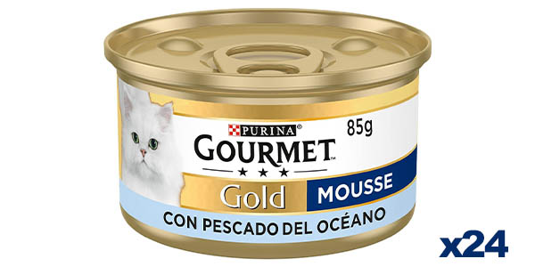 Chollazo Pack x24 Latas Purina Gourmet Gold Mousse con Pescado del Océano para gatos por sólo 13,99€ (-29%) ¡Cada lata a 0,58€!