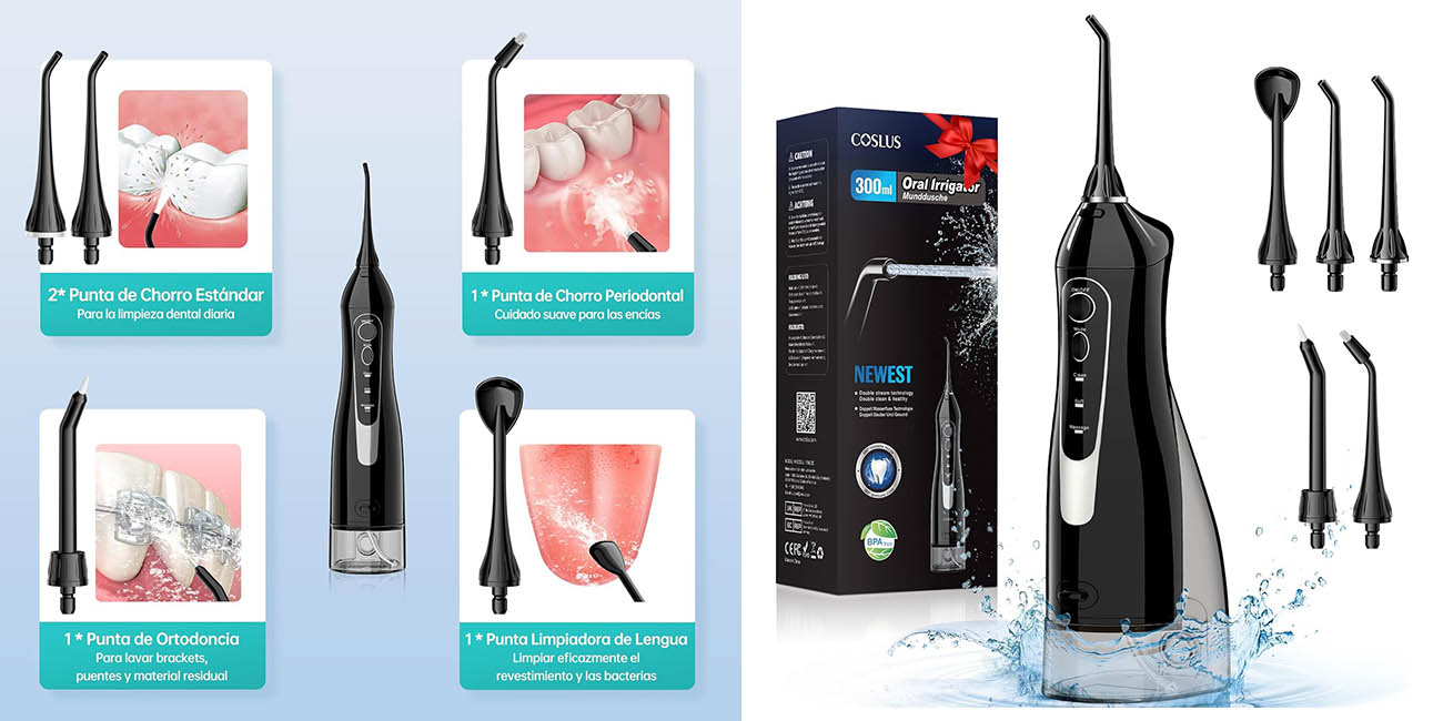 Chollo Irrigador dental portátil COSLUS de 300 ml con 5 boquillas por solo 24,38€ (-39%)