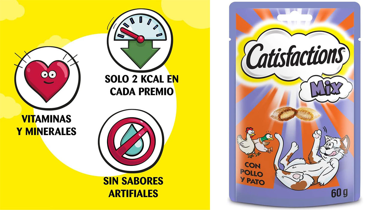 Chollo Pack x6 Premios para gatos Catisfactions Mix de pollo y pato de 60 g por sólo 6€ (-44%)