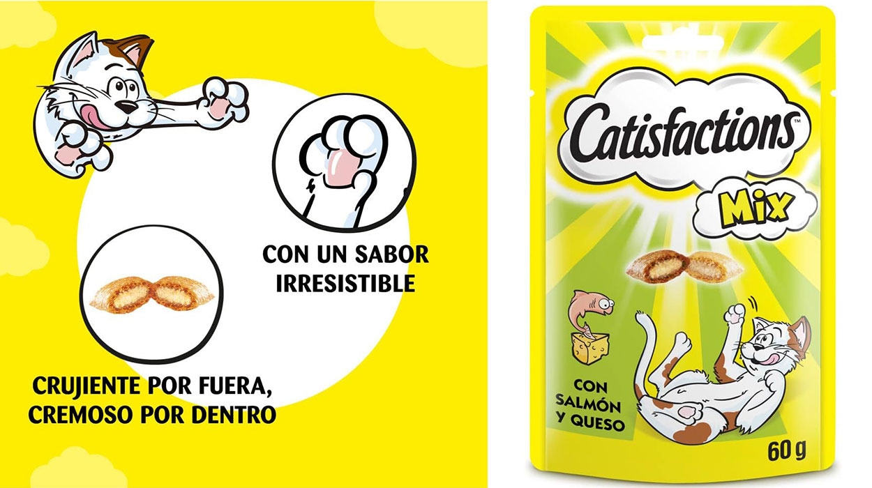 Chollo Pack x6 Premios para gatos Catisfactions Mix de queso y salmón de 60 g por sólo 6€ (-53%)