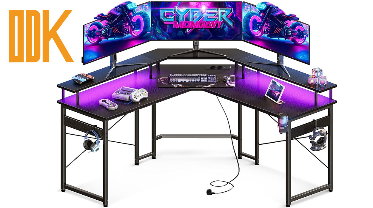 Chollo Mesa de gaming ODK con luz LED, 2 enchufes y 2 USB por sólo 83,99€ y envío gratis con cupón descuento (-35%)