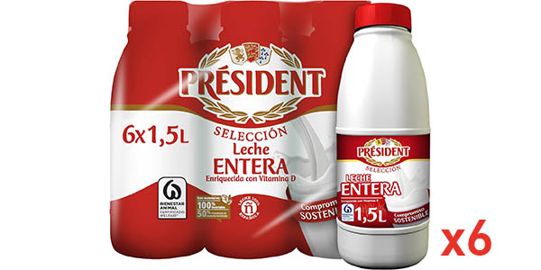 Chollo Pack 6x Leche Président entera de 1,5 litros por sólo 8,70€ ¡1,45€ cada botella!