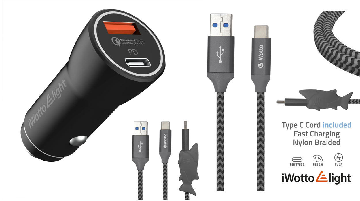 Chollo Cargador de coche Iwotto con USB 3.0 QC, USB-C PD y cable incluido por sólo 5,99€ (-30%)