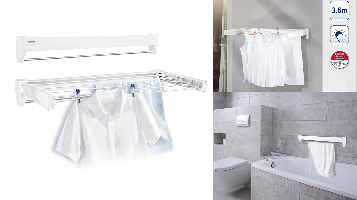 Seca rápidamente toda tu ropa con este tendedero plegable Leifheit convertible en toallero ideal para el baño