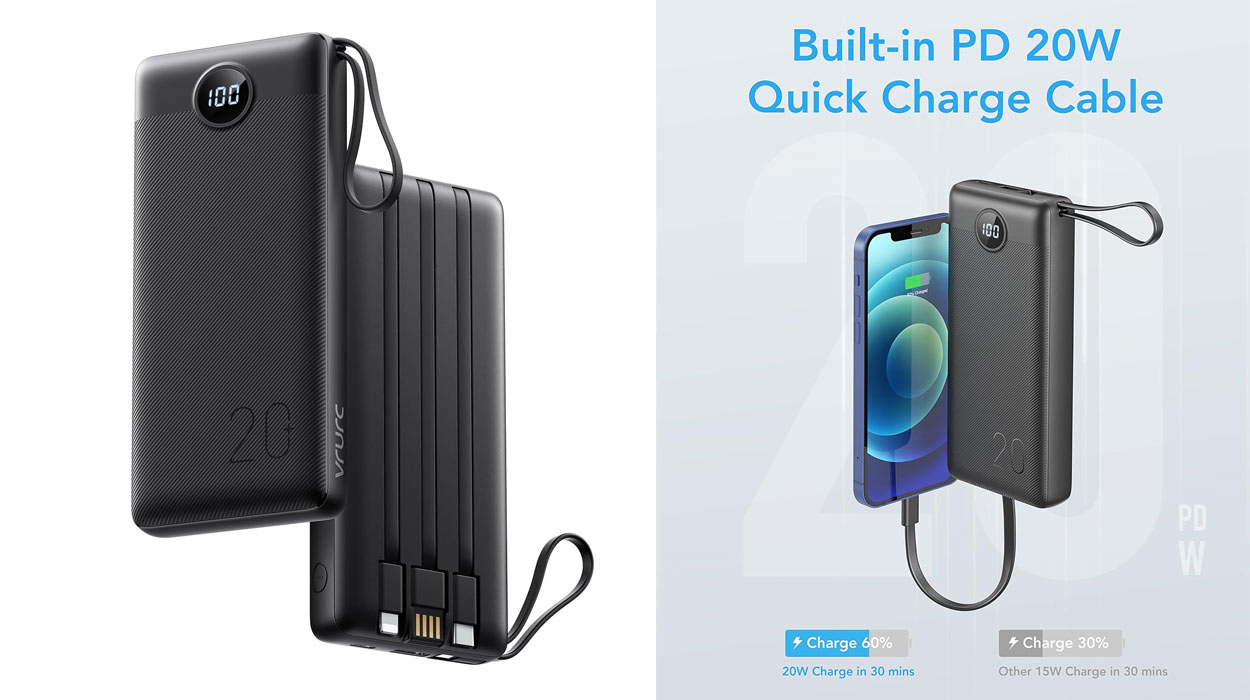 Chollo Batería externa VRURC de 20.000 mAh con cables de carga integrados por sólo 17,99€ con cupón (-40%)