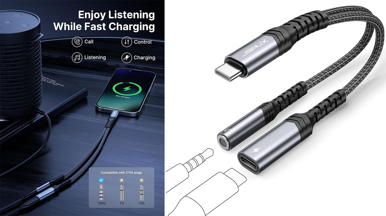 Disfruta de tu música y carga tu móvil al mismo tiempo con este adaptador 2 en 1 USB-C a Jack 3,5 mm