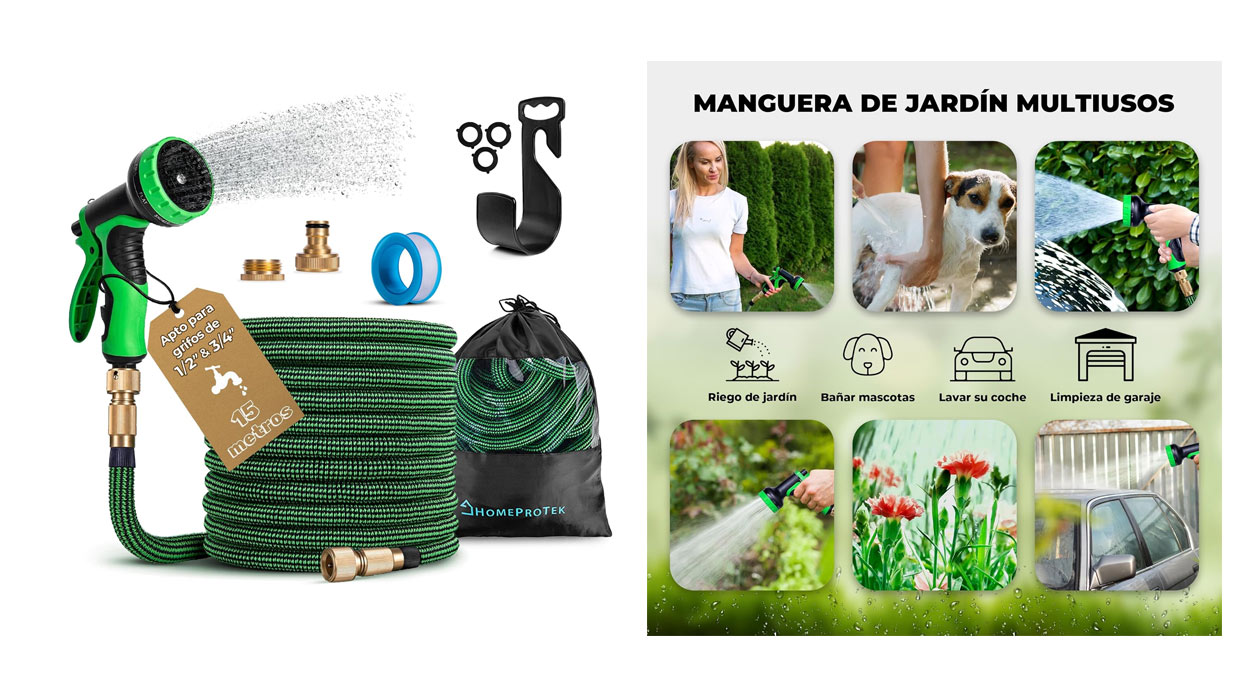 Chollo Manguera de jardín extensible Homeprotek de 15 metros por sólo 23,99€ (-20%)