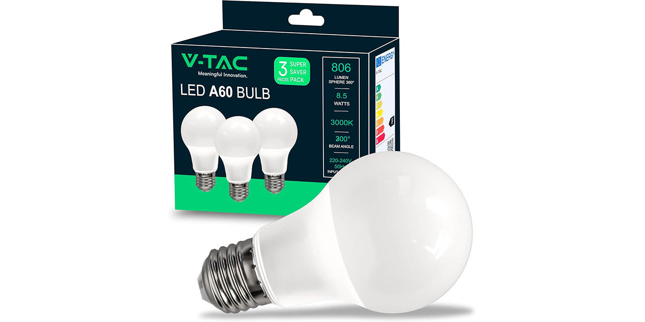 Chollo Pack x3 Bombilla LED V-TAC E27 de 8,5W con luz blanca cálida por sólo 2,98€ (57% de descuento)