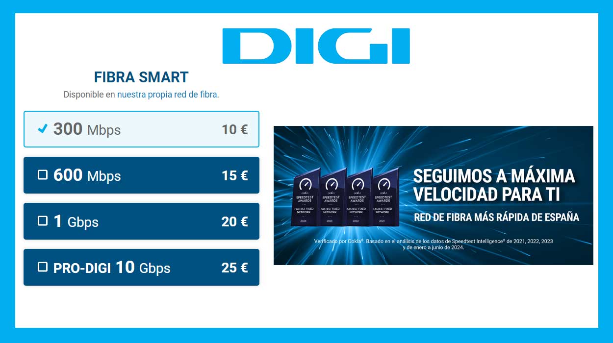 La fibra SMART 300 Mbps de Digi baja a sólo 10€ al mes