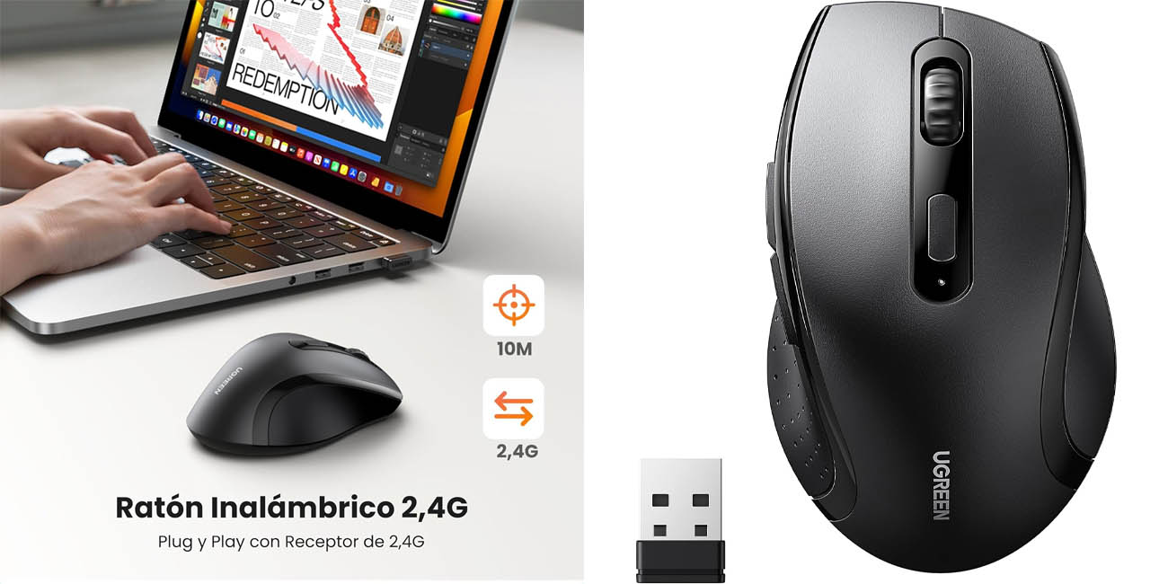 Chollo Ratón inalámbrico UGREEN ergonómico con adaptador USB 2.4GHz por sólo 8,99€ (-25%) ¡TOP ventas!