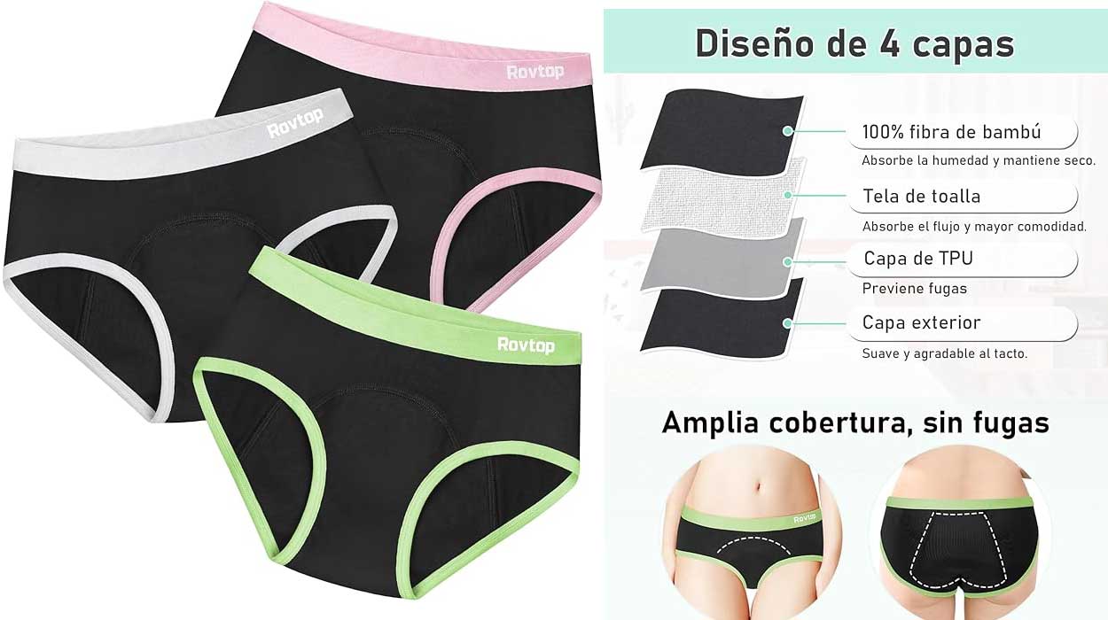 Chollo Pack de 3 bragas menstruales Rovtop para adolescentes por sólo 11,99€ con cupón (40% de descuento)