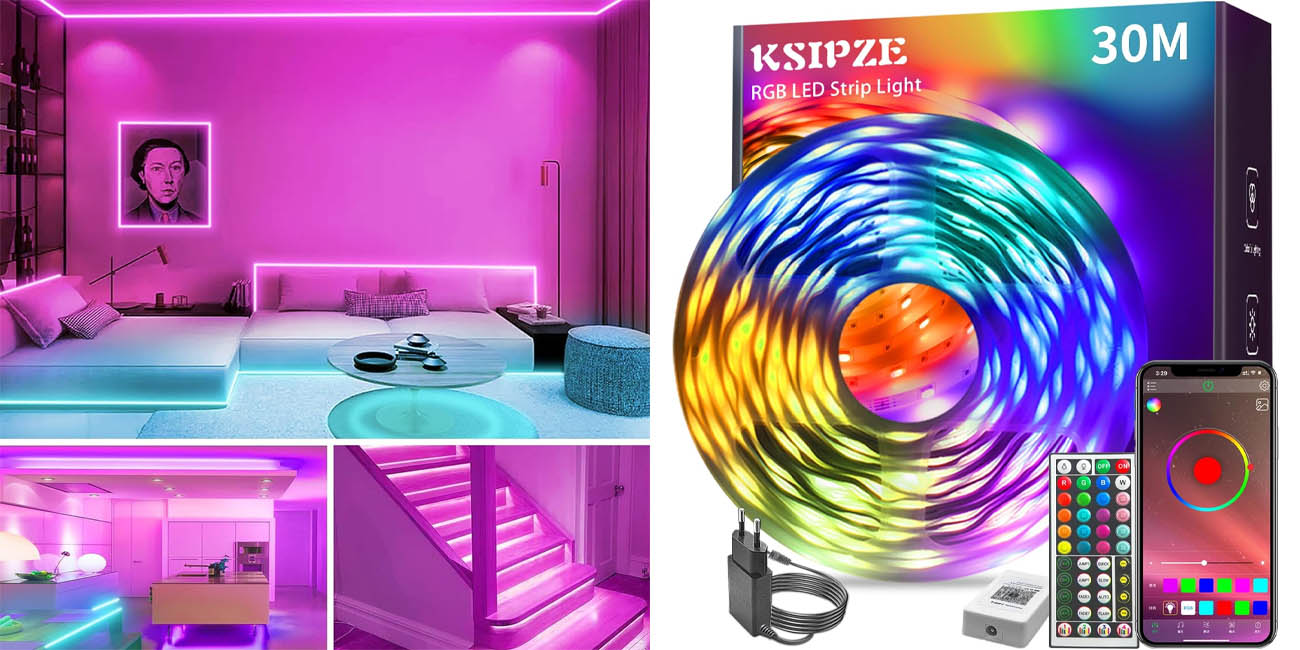 Chollo Tira LED RGB de 30 metros Ksipze con mando a distancia y Bluetooth por sólo 17,99€ con cupón descuento (-10%)