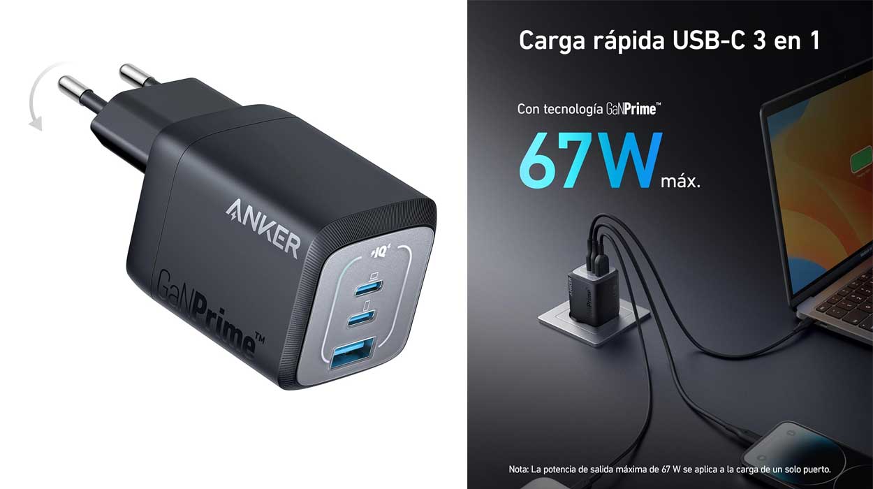 Chollo Cargador de pared Anker Prime GAN USB-C de 67W por sólo 32,99€ con envío gratis (-45%)