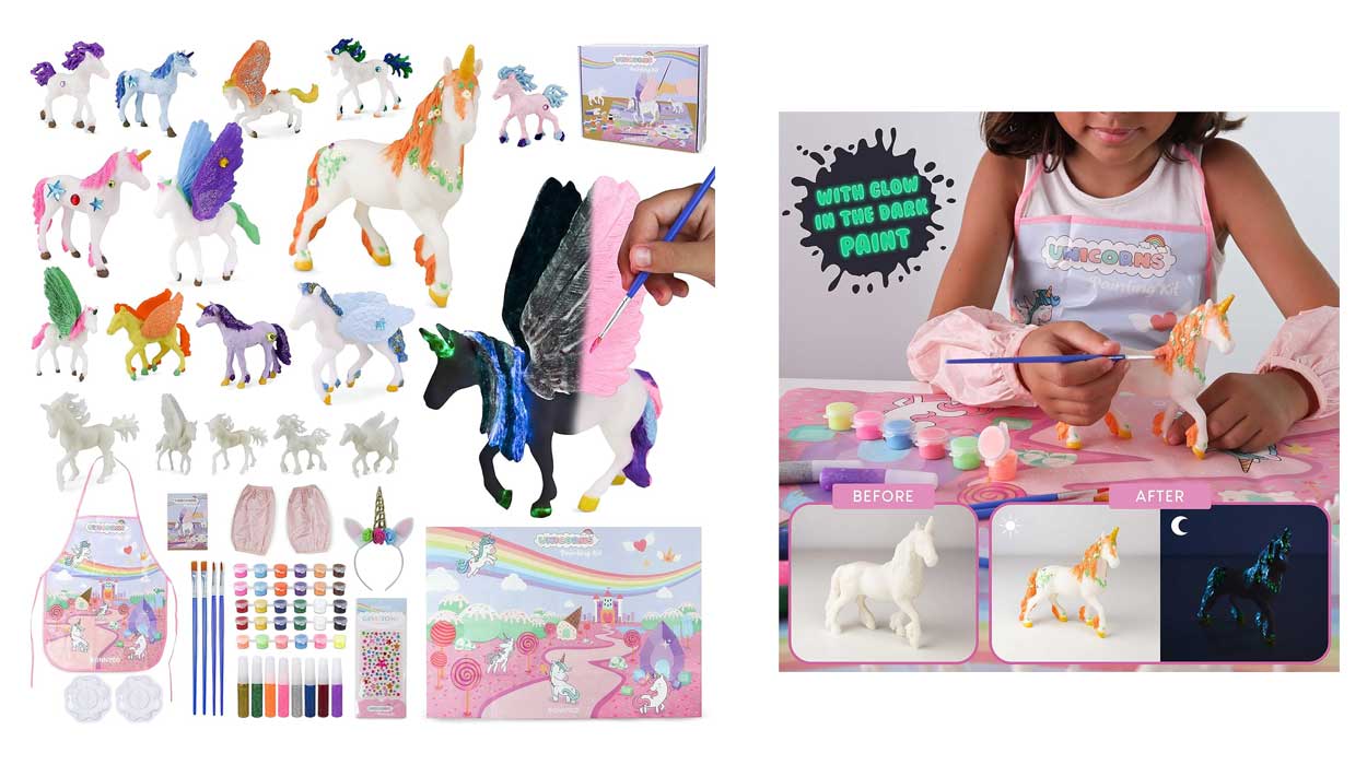 Chollo Kit de 18 unicornios para pintar (incluye pinturas, pinceles, delantal, diadema y accesorios) por sólo 14,99€ (-50%)