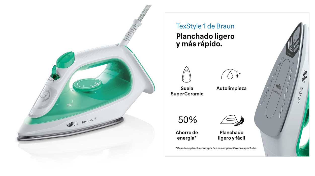 Chollazo Plancha de vapor Braun TexStyle 1 ligerísima con suela SuperCeramic por sólo 23€ (-39%)