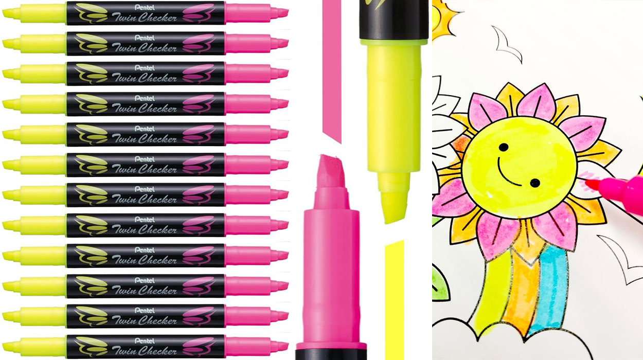 Chollo Pack de 12 rotuladores fluorescentes Pentel de 2 puntas amarillo y rosa por sólo 10,98€