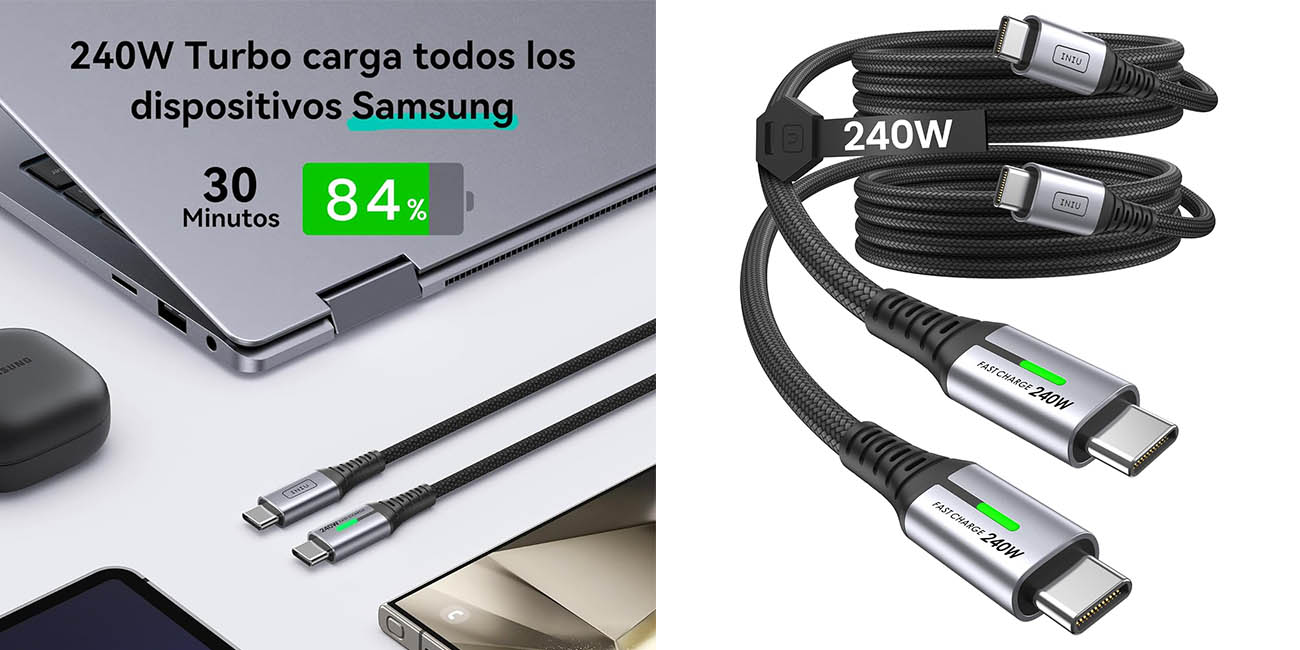 Este pack de 2 cables Iniu USB-C de 240W cargarán tu móvil en un periquete y tiene un precio de chollo