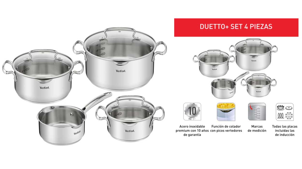 Chollo Batería de cocina Tefal Duetto con 3 ollas, cazo y 2 tapas de cristal por sólo 99,99€ con envío gratis (-25%)