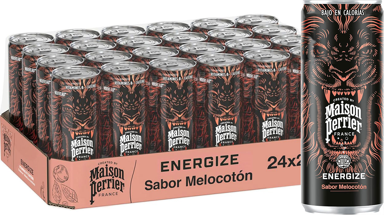 Chollo Pack de 24 latas de bebida energética Maison Perrier Energize de melocotón por sólo 12,80€ (-62%) ¡0,53€ la unidad!