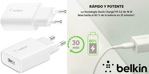 Chollo Cargador de pared Belkin USB-A Boost Charge de 18 W por sólo 9,99€ (-50%)